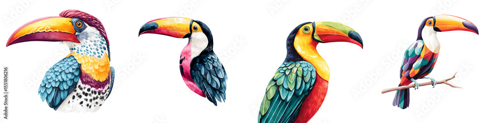Fototapeta premium Watercolor Toucans: Colorful Tropical Birds Illustration Set