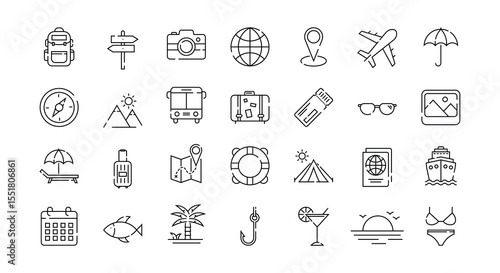 Collection of Travel and Tourism Icons Representing Adventure, Exploration, Vacation Essentials, and Vacation Activities Including Transportation, Sightseeing, Outdoor Adventures, and Relaxation