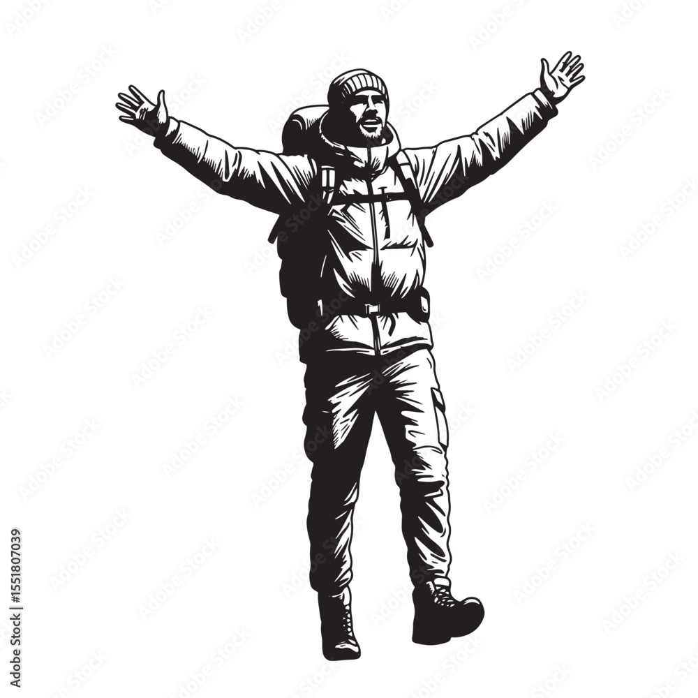 Obraz premium Enthusiastic hiker celebrates with open arms vector illustration in black and white style