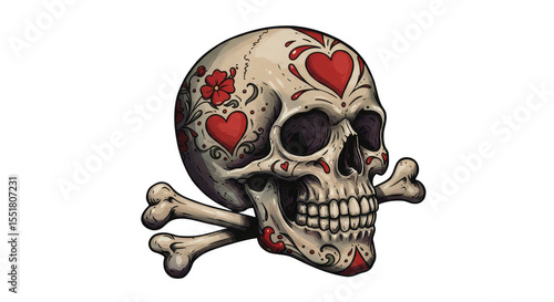 Pixel Art Skull Decorated with Hearts Crossbones on Transparent Image
