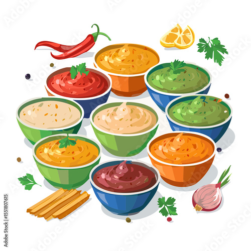 Variety of delicious dipping sauces in bowls with fresh ingredients.