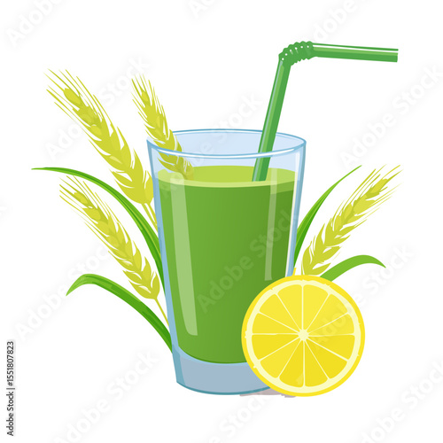Wheatgrass juice with lemon illustration in bright colors