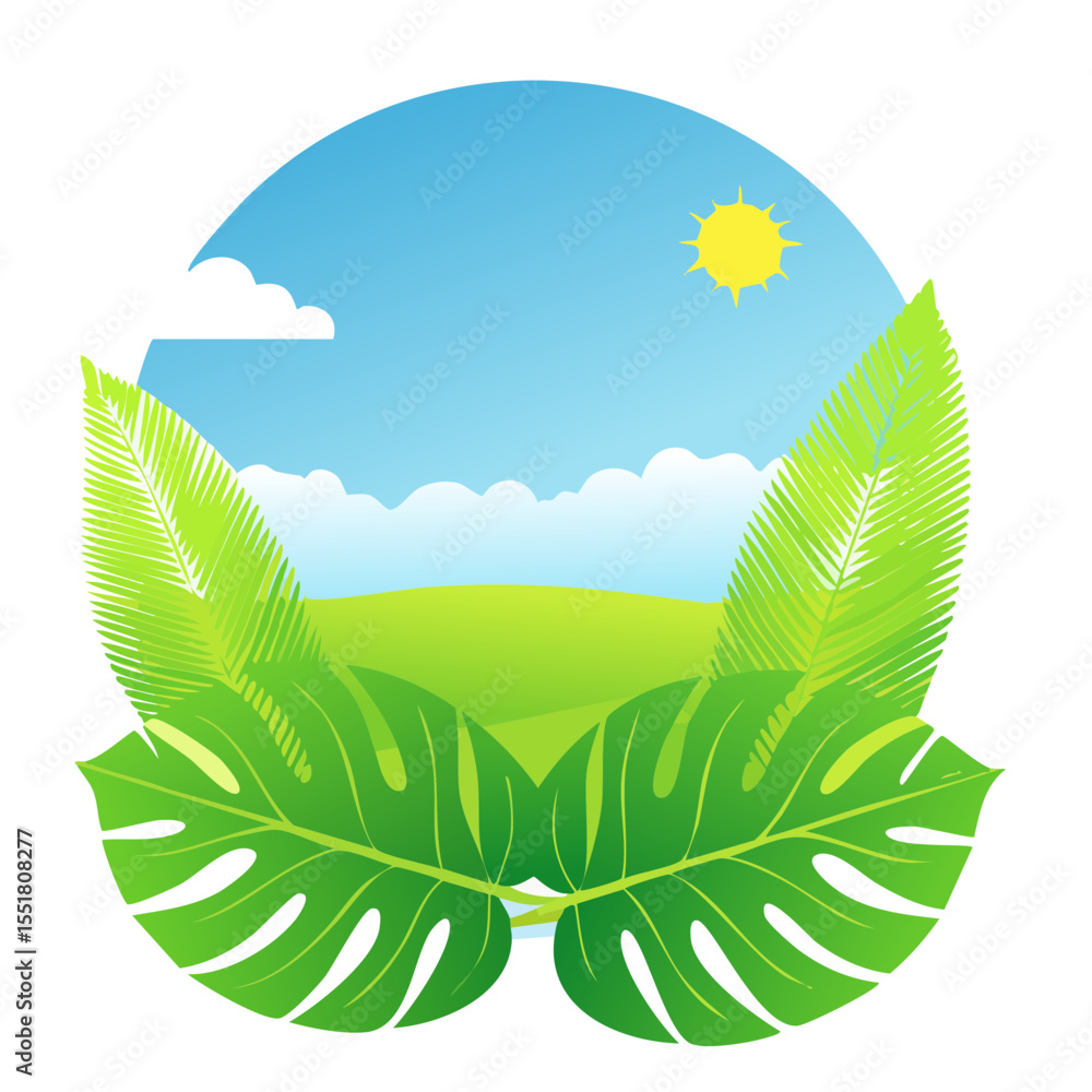 Obraz premium Tropical Landscape with Palm Leaves and Summer Sun - Vector Illustration