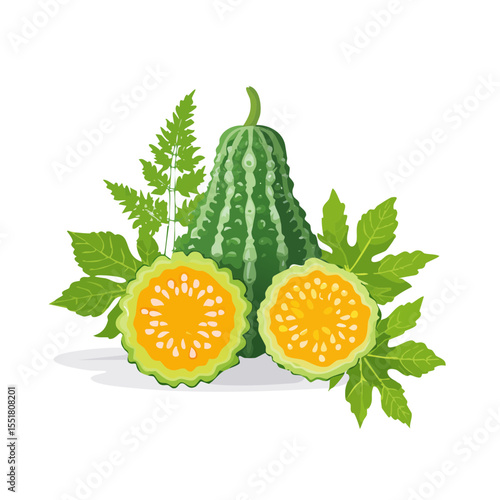 Illustration of Bitter Melon or Bitter Gourd with Leaves and Seeds