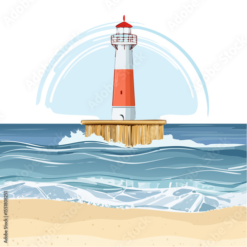 Seaside Lighthouse Scene with Waves, Beach and Pier Illustration