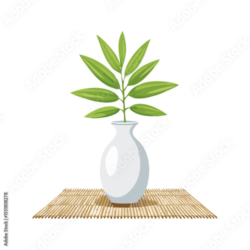 Stylized Plant in White Vase on Bamboo Mat for a Calming Home Decoration