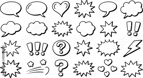 Comic Speech Bubble and Symbol Set, Hand-Drawn Exclamation, Heart, Cloud Icons.