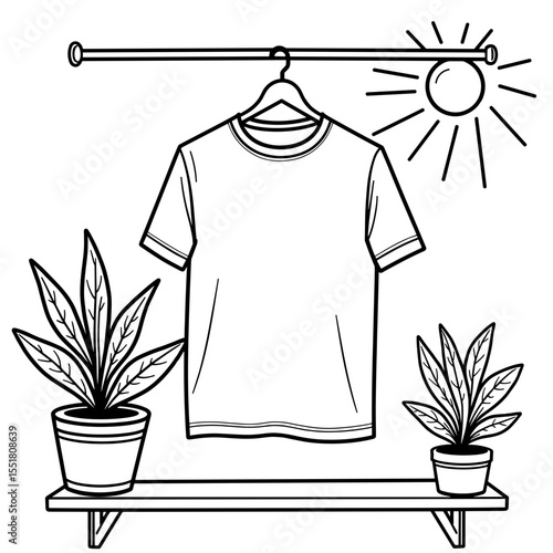 T-shirt drying in sunlight near potted plants, eco-friendly home style, coloring page