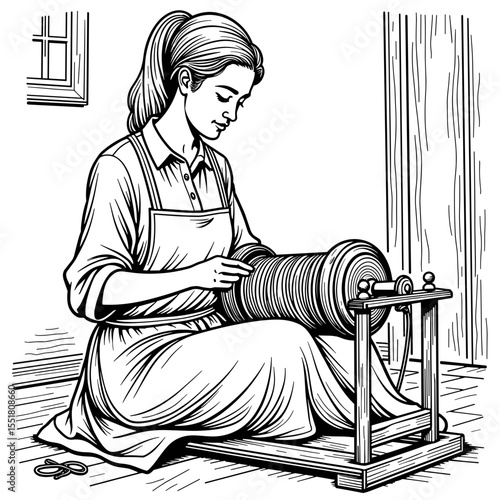 Woman spinning yarn on spindle, traditional handmade textile process