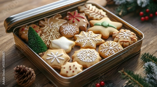 3D render of Christmas cookies in tin box
