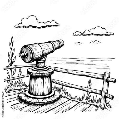 Wooden and metal telescope at scenic lookout, nature observation tools coloring page
