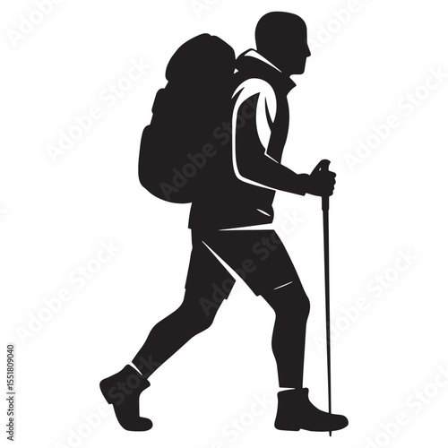 Silhouette of a hiker with backpack and trekking pole engaging in outdoor adventure