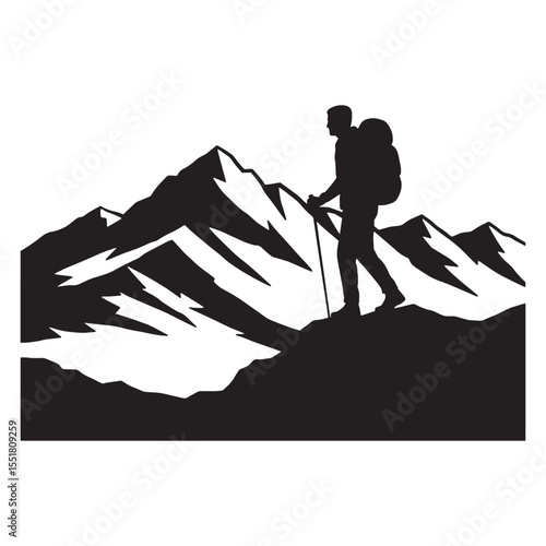 Silhouette of hiker ascending mountain with backpack and trekking poles in black and white