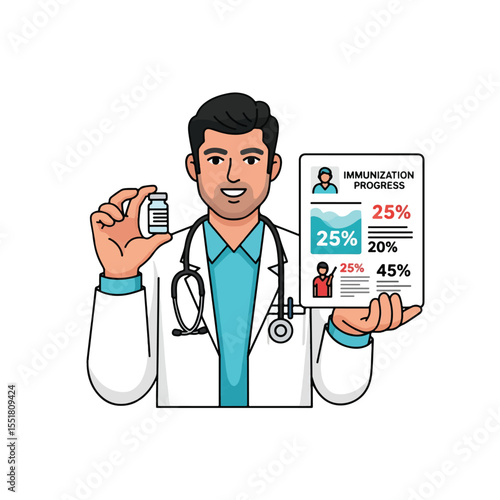 A male doctor presents immunization progress with vaccine vial in hand