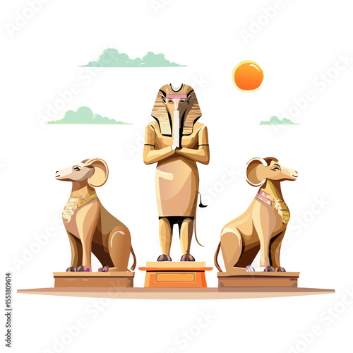 Egyptian Monuments: Pharaoh Statue with Anubis Guardians in the Desert