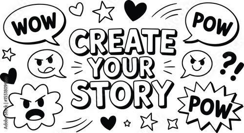 Comic Doodle Poster, Create Your Story with Speech Bubbles and Emoticons.