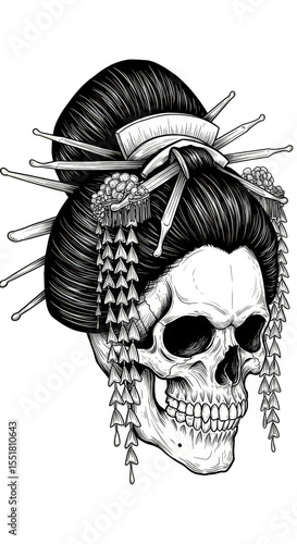 Skull Geisha Illustration Woman Portrait of Death Spooky Skeleton