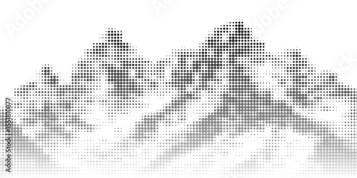 Black halftone mountain range silhouette. Grunge texture landscape terrain. Fading grainy hill chain wallpaper. Vanishing dotted noise mountain peak background. Vector scenery rock illustration