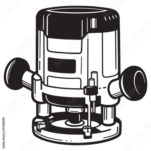 Vector illustration of a woodworking router tool in black and white isolated on white background