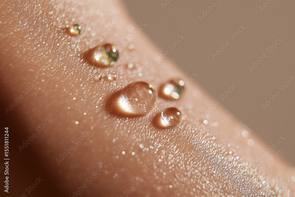 Fototapeta premium Close-up macro of translucent skincare serum droplets on smooth skin