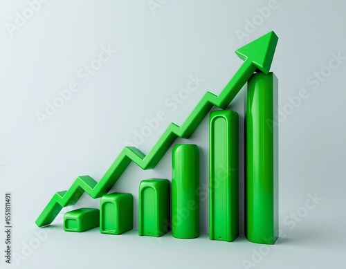 3d green stock market chart going up, white background