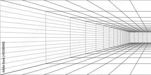 Perspective grid background 3d Vector illustration. Interior design Model projection background template. Line one point perspective