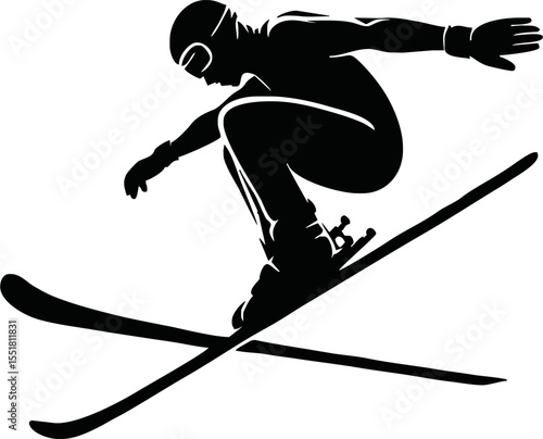 Silhouette of person doing ski jump vector style on white background