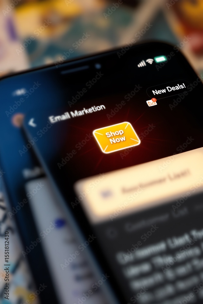 Phone displays email marketing shop now button Phone displays email marketing shop now button