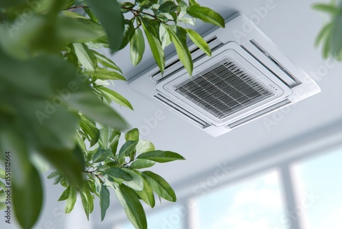 Cassette air conditioner on the ceiling in a modern light office or apartment with green ficus plant leaves. Indoor air quality and clean filters concept. MARYAM