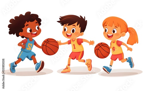 Boy and girl playing basketball cartoon illustration of children having fun with sport and active game vector image