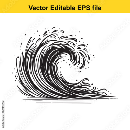Monochromatic Wave Illustration Depicting Ocean's Forceful Movement with Detailed Line Work and Splashes Against a White Backdrop