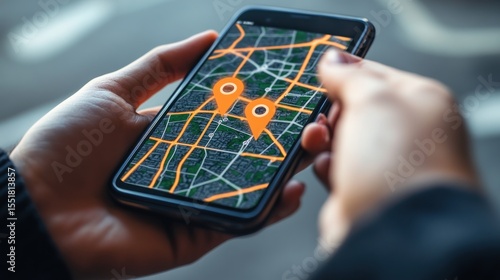 Hands holding phone with map app