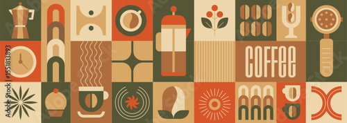 Abstract geometric food pattern with coffee beans, leaves, drink cup, bakery dessert in bauhaus style. Vector minimalist seamless background, design template for restaurant cover, cafe menu, package