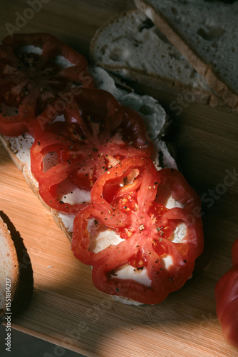 A rustic flat lay featuring slices of homemade artisan bread, fresh heirloom tomato, peppers on a wooden kitchen table. Natural light and cozy farmhouse aesthetics