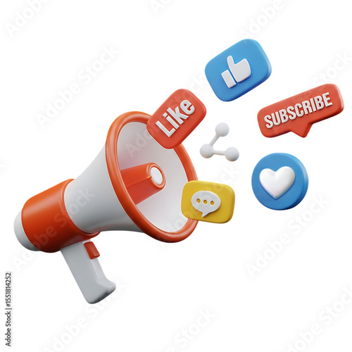 3D Render Megaphone Announcing Social Media Engagement; Likes, Shares, Comments, and Subscriptions. digital marketing announcement concept theme 3D illustration