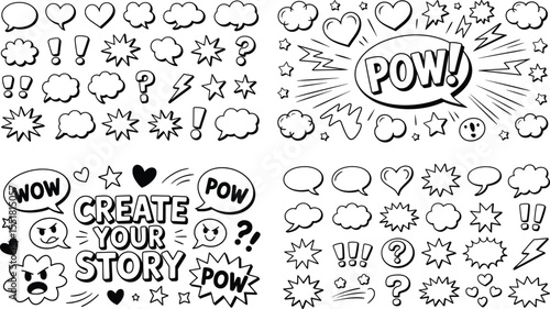 Comic Doodle Speech Bubble Clipart Set, Black and White Pop Art Vector Elements.