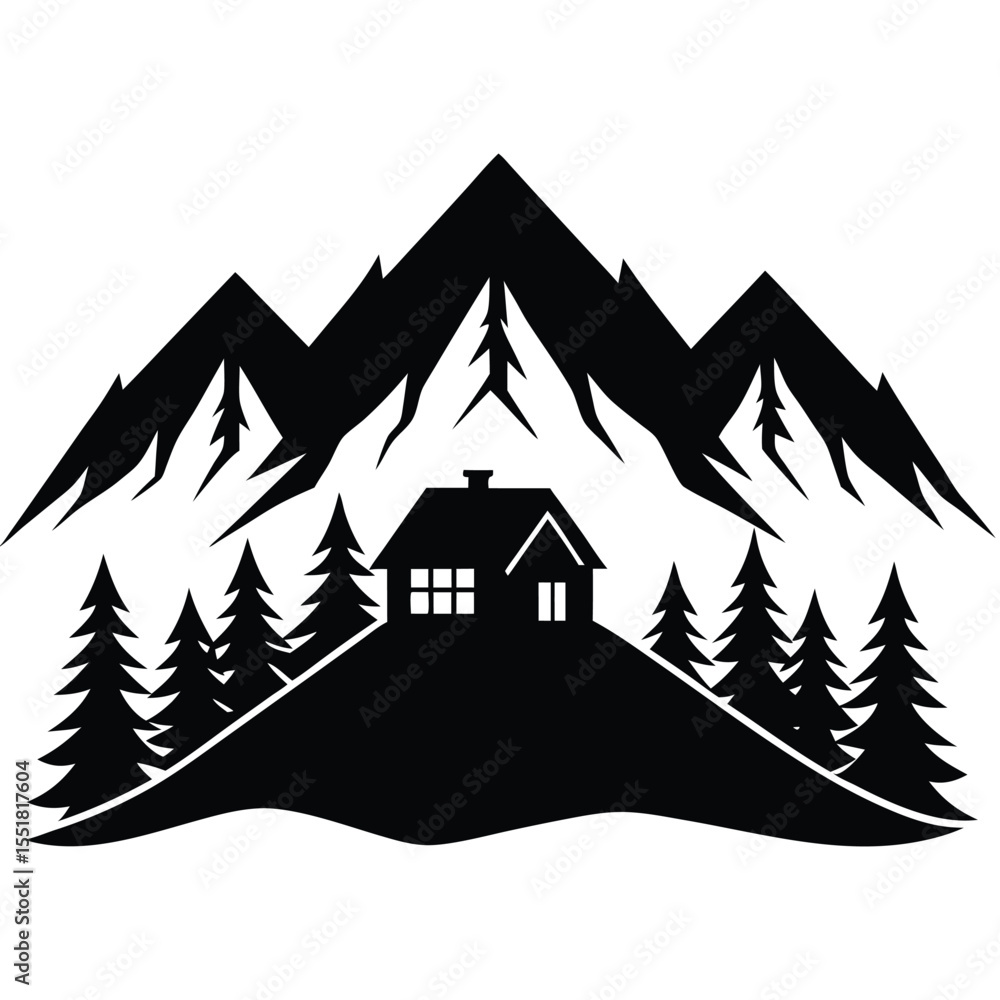 Fototapeta premium Silhouette of a house on a hill with mountains and pine trees