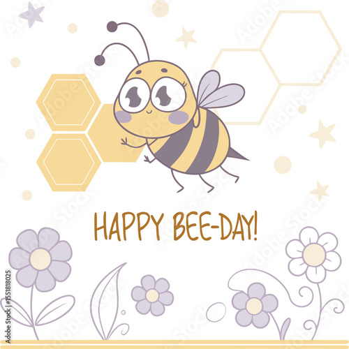 Happy Bee Day Kawaii Birthday Card Pastel Honeycomb and Cute Bee Design