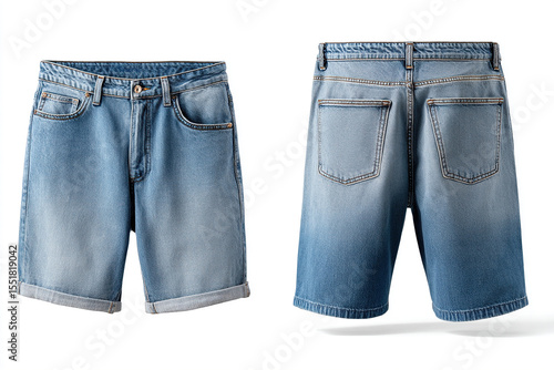 Front and back view of blue jean shorts with a rolled hem for a casual look.