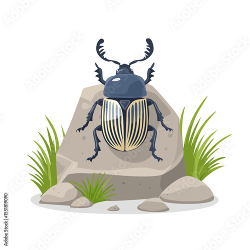 Dung Beetle perched on a rock with surrounding foliage, vector illustration