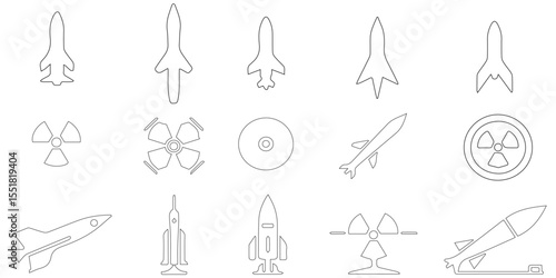 Set of icon about line nuclear weapon related to nuclear element radiation outline abstract background, seamless pattern modern icon set with geometric tecnology futuristic war weapon.