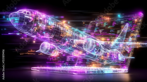 A laptop from the modern era has engineering software open on its screen, which includes a three-dimensional visualization of a floating airplane