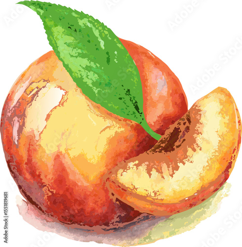 A ripe peach with sliced wedges arranged alongside fresh green leaves, highlighting the juicy texture.Ideal for food, health, or botanical themes