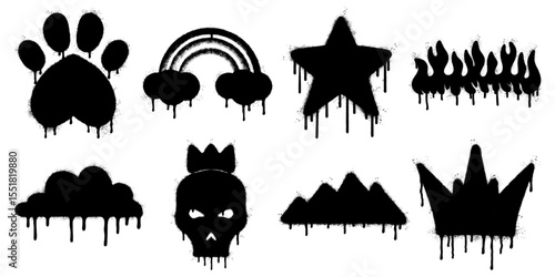 Graffiti Stencil Icons Collection. Dripping Black Spray Paint Silhouettes. Each icon, including paw print, rainbow, star, flame, cloud, skull with crown, mountain, and spiked crown.