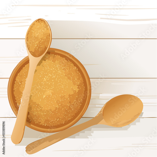 Brown Sugar in Wooden Bowl with Spoons on White Wood Background