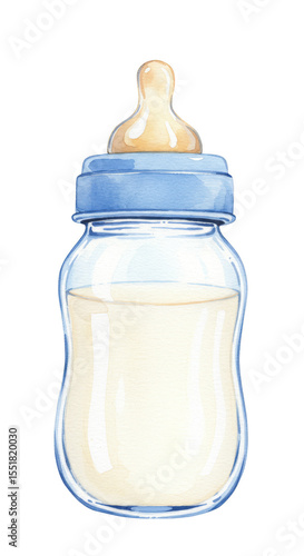 Watercolor Illustration of Baby Bottle with Milk Blue details