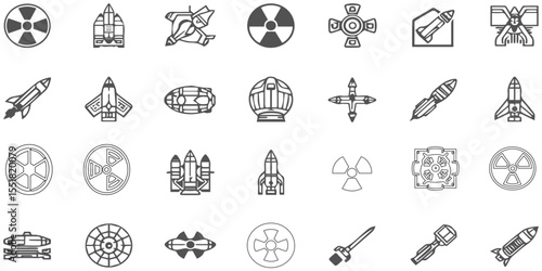 Set of icon about line nuclear weapon related to nuclear element radiation outline abstract background, seamless pattern modern icon set with geometric tecnology futuristic war weapon.