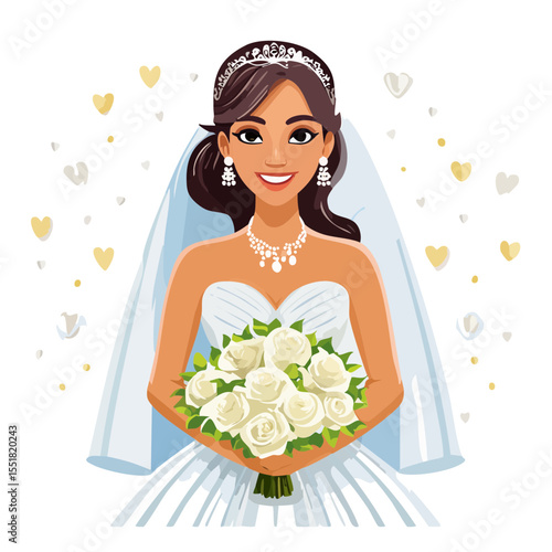 Beautiful Bride Holding a Bouquet of White Roses on Her Wedding Day