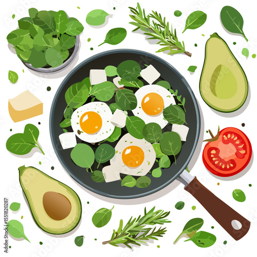 Fried Eggs with Spinach, Feta Cheese, Avocado, and Tomato for a Healthy Breakfast