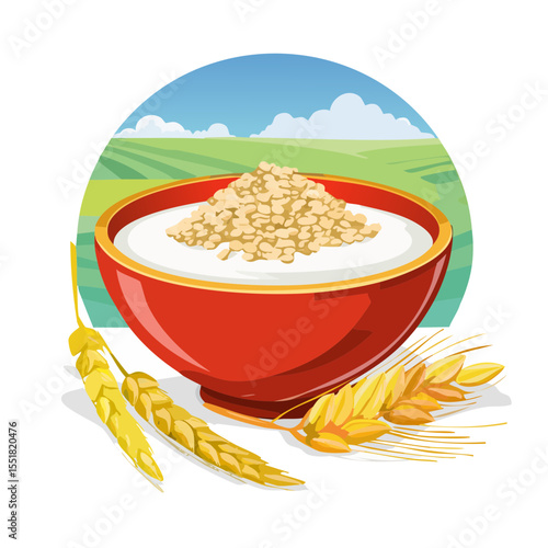 Bowl of Oatmeal with Wheat on a Farm Landscape Illustration